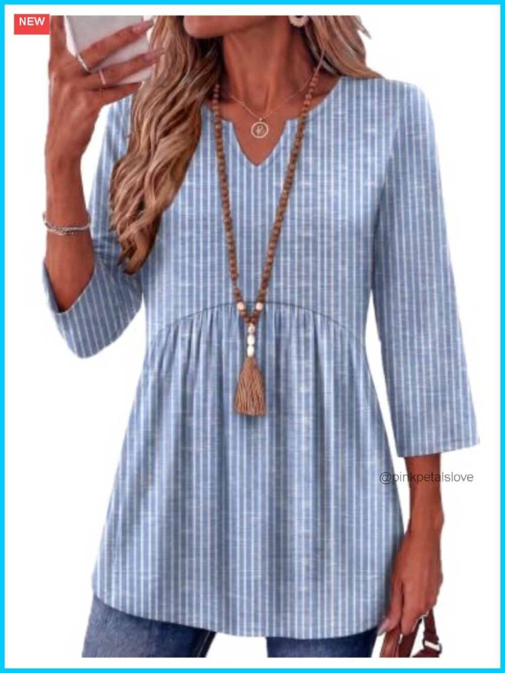 Womens 3/4 Sleeve V Neck Tunic Top Henley Blouse Flowy